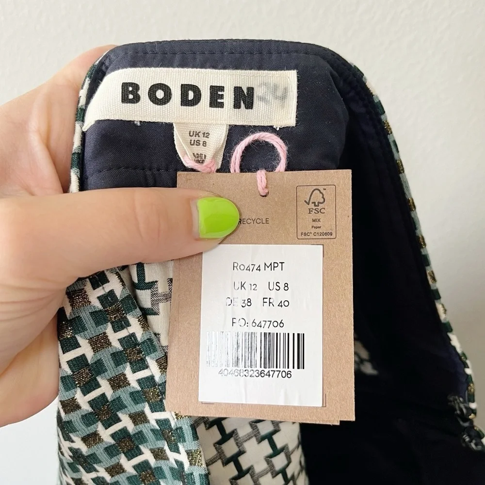 Boden NEW Women's Size US 8 A-Line Jacquard Mini Skirt Geometric Print Green